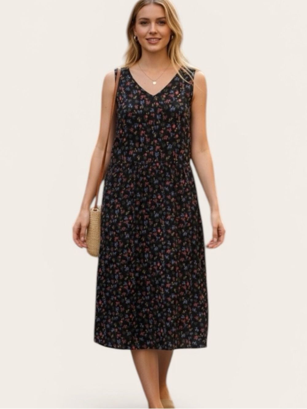 Talbots Black Floral Corduroy Midi‎ Dress Vintage Sleeveless Size 18 NWT